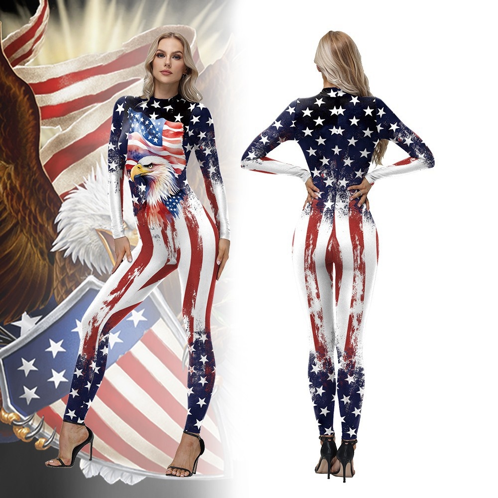 Independence Day Skinny Bodysuit - American Flag Eagle Print Jumpsuit